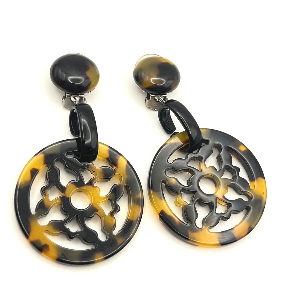 Angela Caputi Tortoise Shell Resin Cutout Drop Clip On Earrings Italian Designer